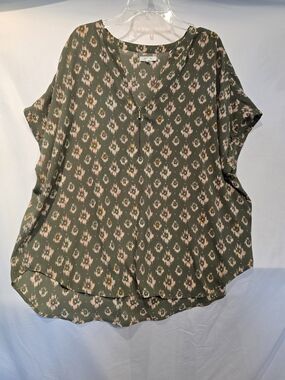 Maurices Olive Ikat Print V-Neck Tunic with Pink and Gold Accents